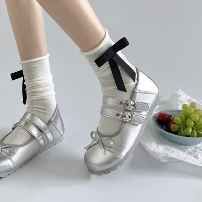 Серебристые ретро французские туфли с круглой головкой и легким язычком на плоской подошве женские балетки Мэри Джейн на мягкой подошве, новинка 2025 года