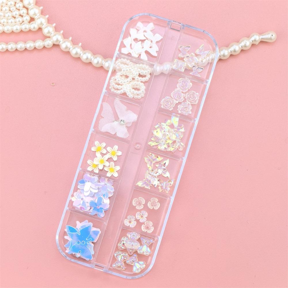 12 Grids Mix Styles Nail Charms Shiny Rhinestones 3D Butterfly Nail Art Decor Pearl Sweet Bow Flower Nail Ornaments DIY