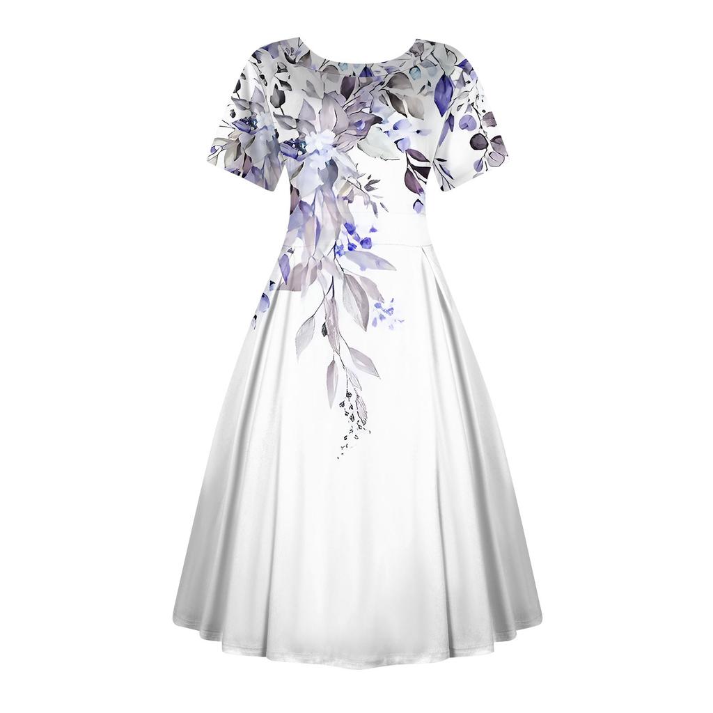 Женское повседневное модное платье с винтажным принтом, круглые платья миди с коротким рукавом и длинными большими распашными платьями