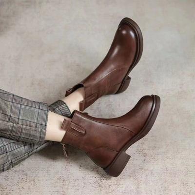 Модные осенне-зимние женские ботильоны челси, элегантные, на среднем каблуке, на флисовой подкладке, женские короткие туфли, круглый носок, кожаные ботильоны