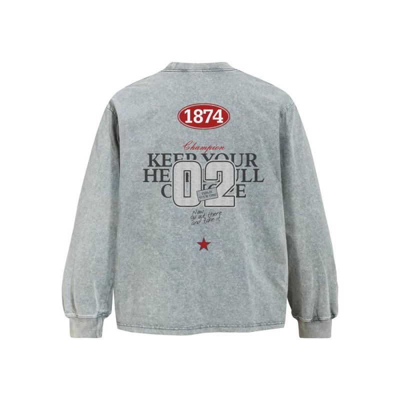 Mens Oversized Long Sleeve Cotton Tee With Distressed Washed Letter Print Casual Streetwear Fall