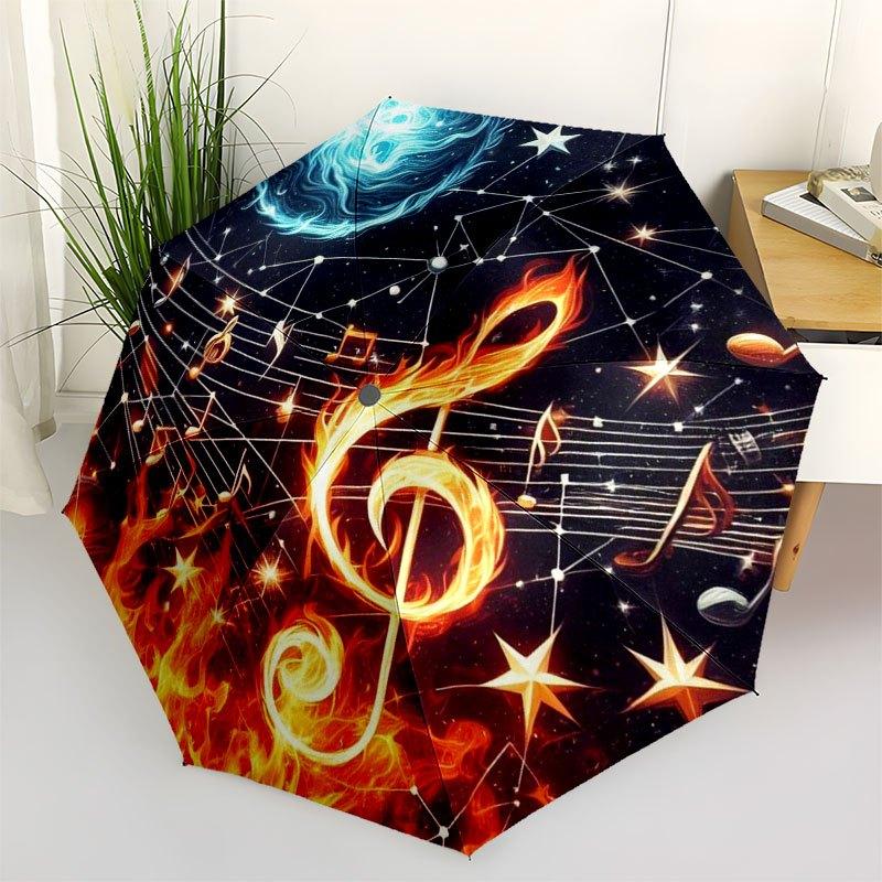 Music Notes in Flames and Stars Circular Art PrintUmbrella with Cute Design,Portable 3-Fold Compact Umbrella for Men&Women,Valentine's Day M