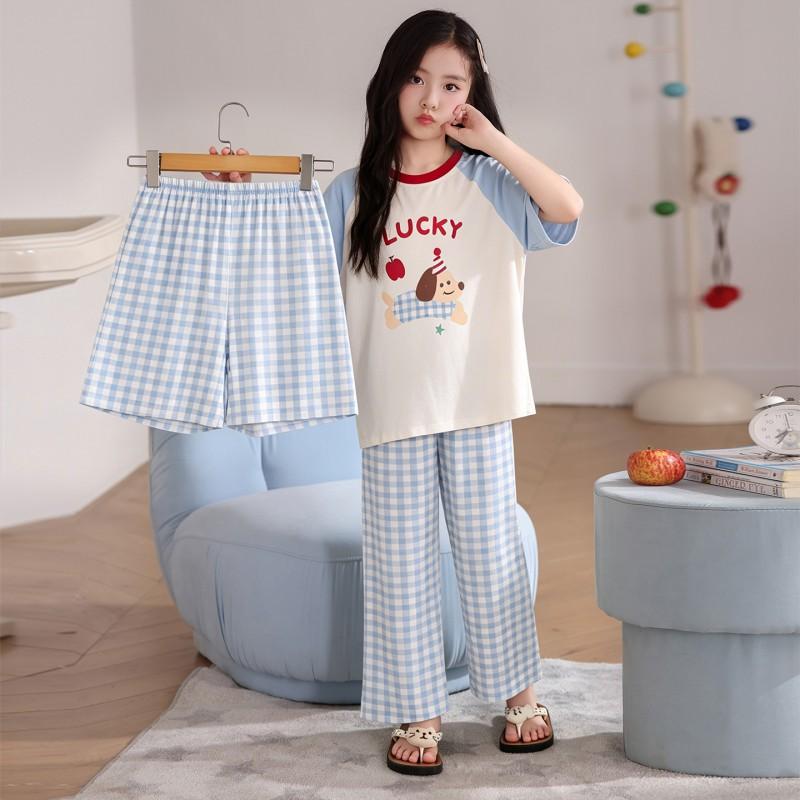 Girls Pajama Set Short Sleeve Modal 3-Piece Cartoon Sleepwear Kids 8 Years