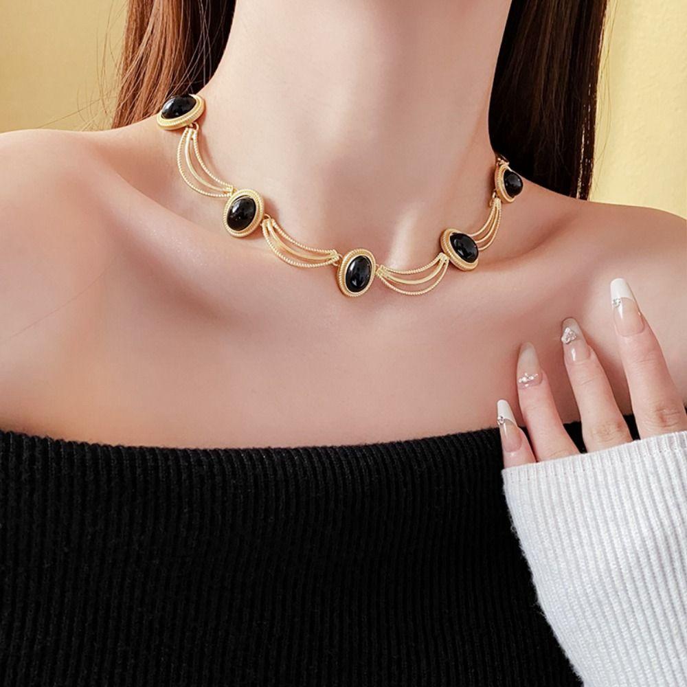 Korean Style Oval Earrings Black Gold Bridal Jewelry Sets Fashion Vintage Necklace Wedding
