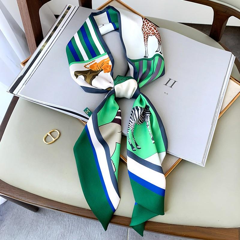 Elegant Narrow Silk Scarf Women Vintage Style Long Triangle Necktie Hair Band Lightweight Accessory In Green Brown
