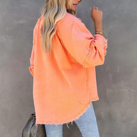 Женская джинсовая куртка с отложным воротником и пуговицами на подоле с бахромой, большой карман, однотонный, свободный, негабаритный, женское пальто средней длины, уличная одежда