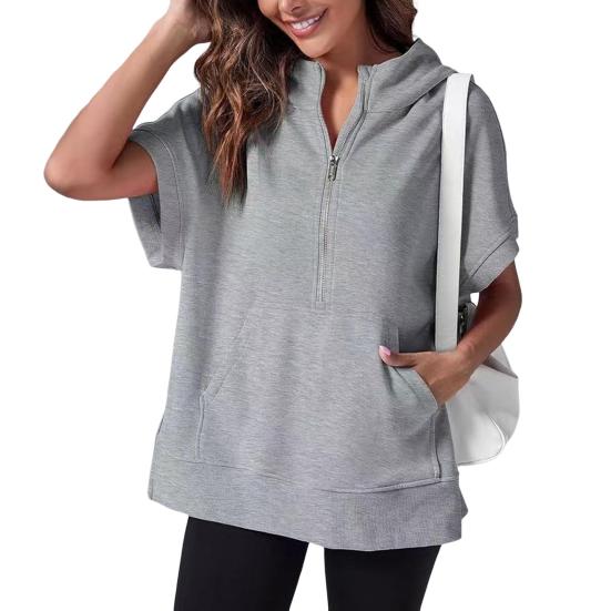 Summer Women Hoodie Half Zipper Short Sleeves Solid Color Pullover Loose with Pocket Casual