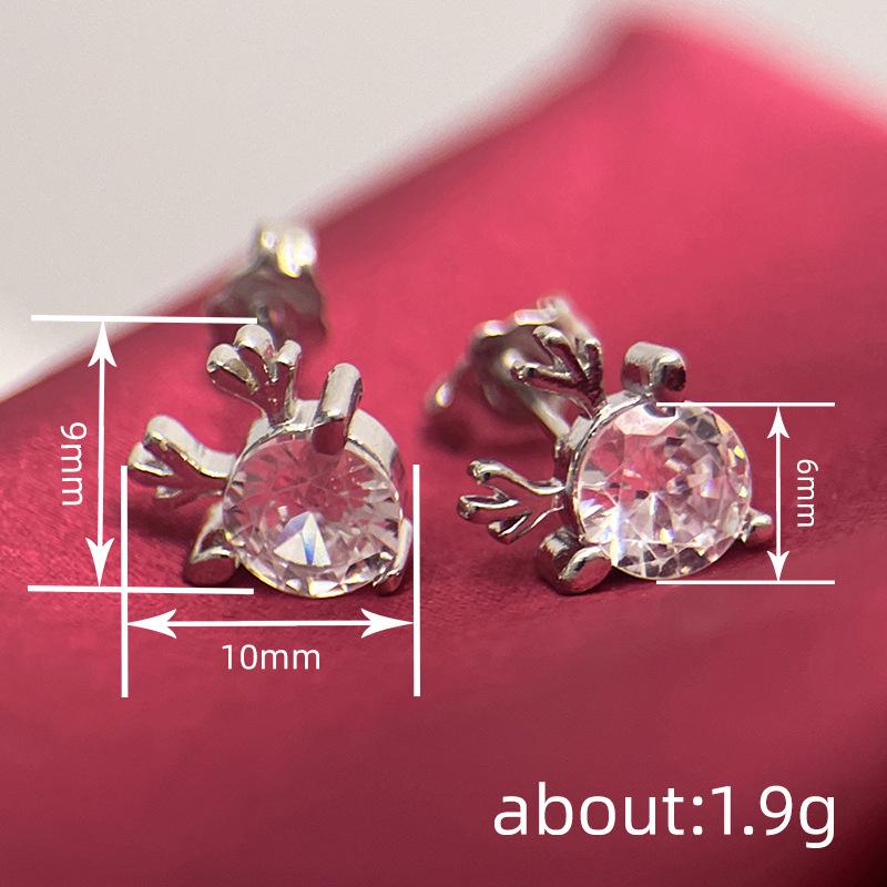 Luxury simple Christmas style stud earrings female, three-claw inlaid zircon earrings, cute antlers elk jewelry