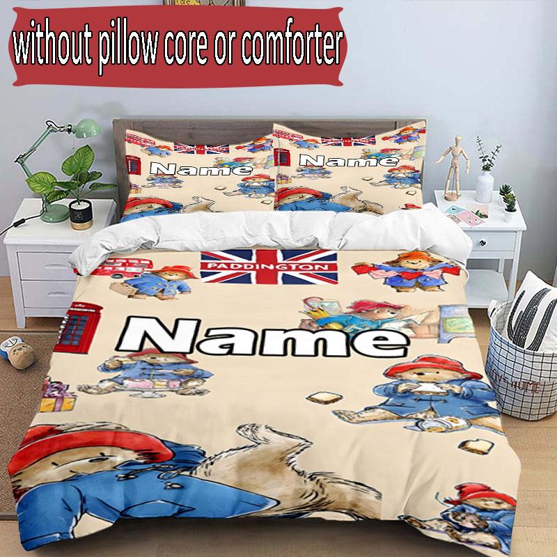 3pcs Duvet Cover Set (1*Duvet Cover + 2*Pillowcase, Without Core), Custom Name Paddington Bear Pattern Bedding Set, Home Bedroom Decor Gift