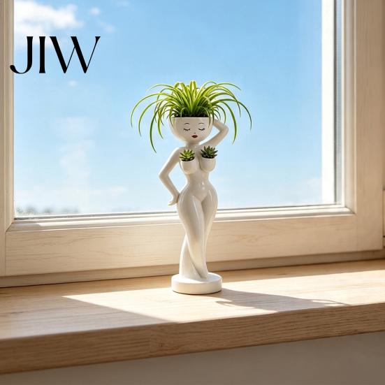 Drainage Holes for Healthy Plants Funny Female Figure Planter with Holes, Elegant Lady Flower Pot Sturdy Resin Cactus Succulents, Lazy Guy Little