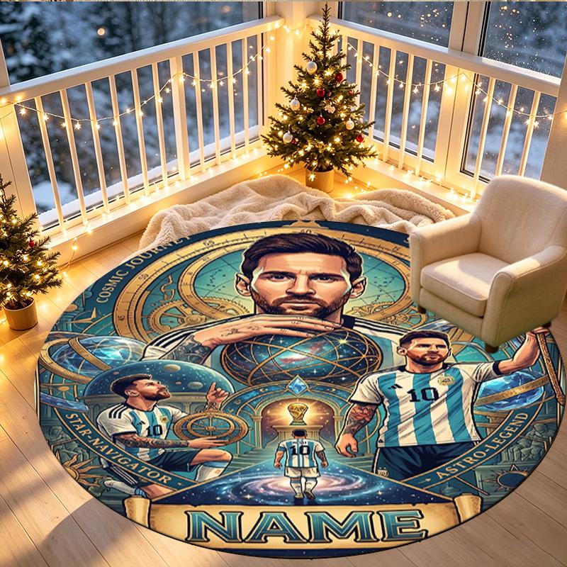 Custom Name Personalized Leo Messi Print Round Rug, Versatile Home Decor Carpet, for Playroom, Apartment, Balcony, Entryway, Hallway Gift