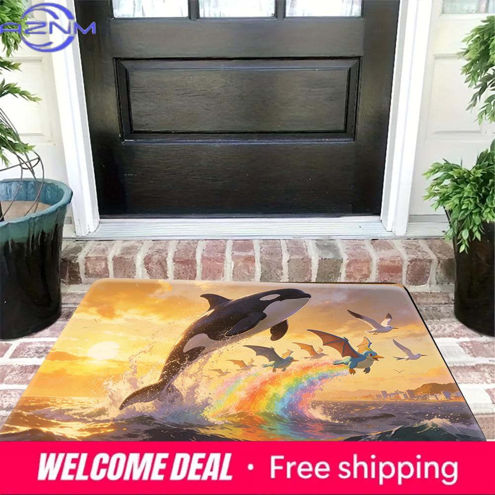 Ocean Sunset Orca & Fantasy Dragon Print Non-Slip Soft Doormat for Home Decor