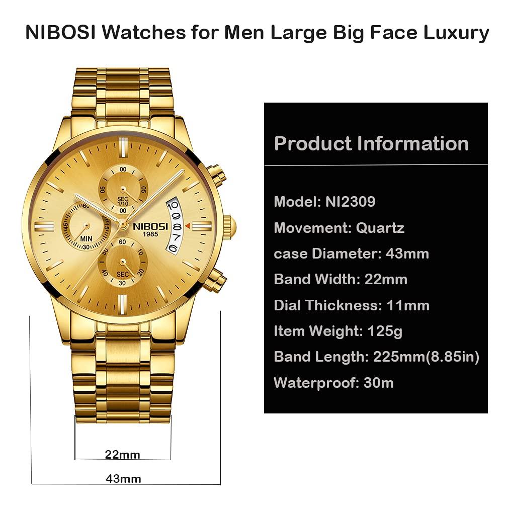 Watches for Man Business Hand Watch Gold Big Face Chronograph Brand Analog Stylish Casual Metal Band Stainless Steel Watch Date Fluorescent Luxury Day