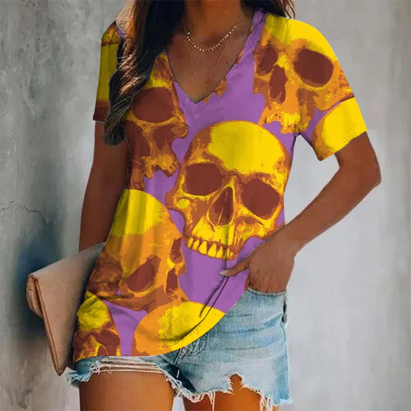 Футболки с 3D-принтом и рисунком черепа, женская летняя повседневная футболка с V-образным вырезом и коротким рукавом, топ Y2k, футболки Harajuku большого размера, женская одежда
