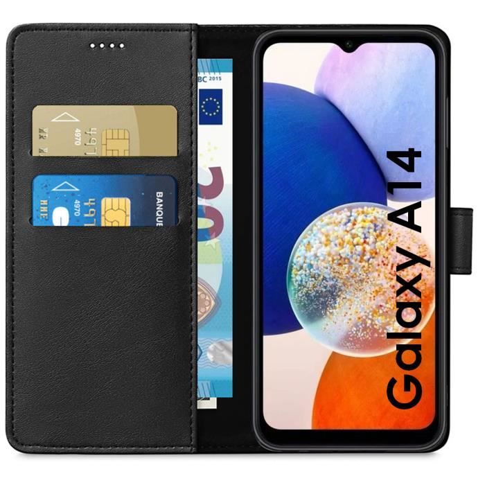 Coque - Phonillico® - Samsung Galaxy A14 - Portefeuille Noir - Clapet Aimanté - Rangement Cartes