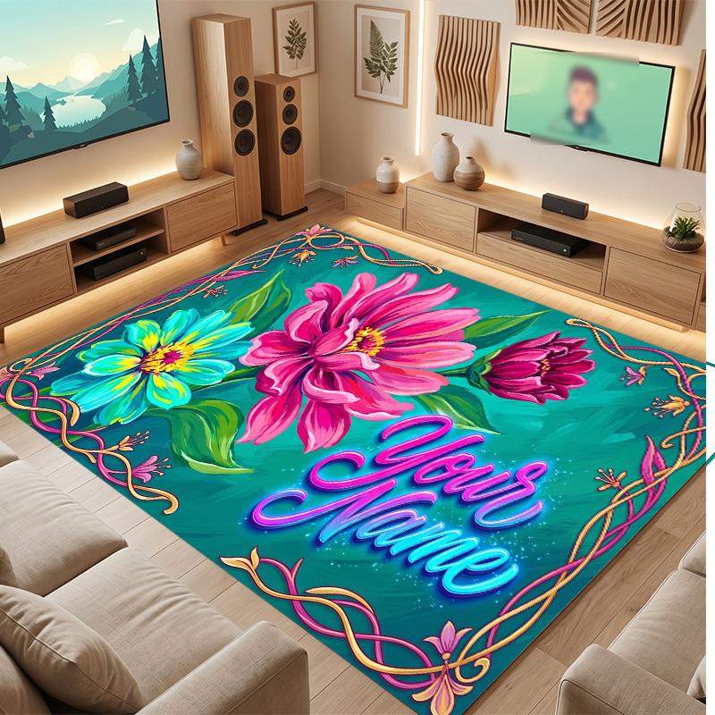 Floral Garden Theme Soft Crystal Velvet Rug Custom Name & Text Print Non Slip Floor Rug for Bedroom Living Room