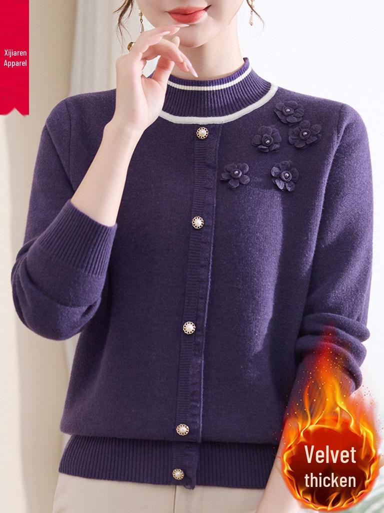 2025 Stylish Winter Fleece Top for Middle-Aged & Elderly Women - Half-High Collar Cozy Sweater with Plus Velvet Base Layer