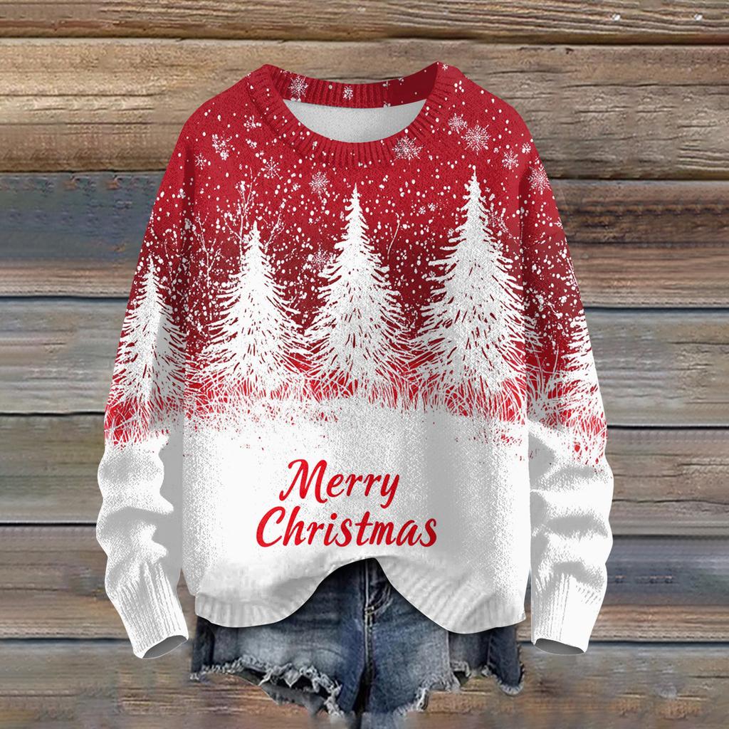 Ladies' Fashionable Casual Long Sleeved Christmas Printed Round Neck Knitted Yarn