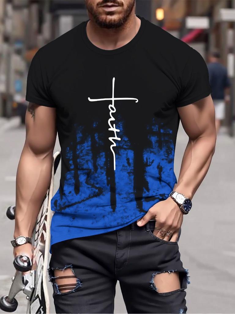 Men's Gradient Color And Alphabet 3D Printed Men's T-shirt FAITH With Crew Neck Short Sleeve Casual Trendy Tops