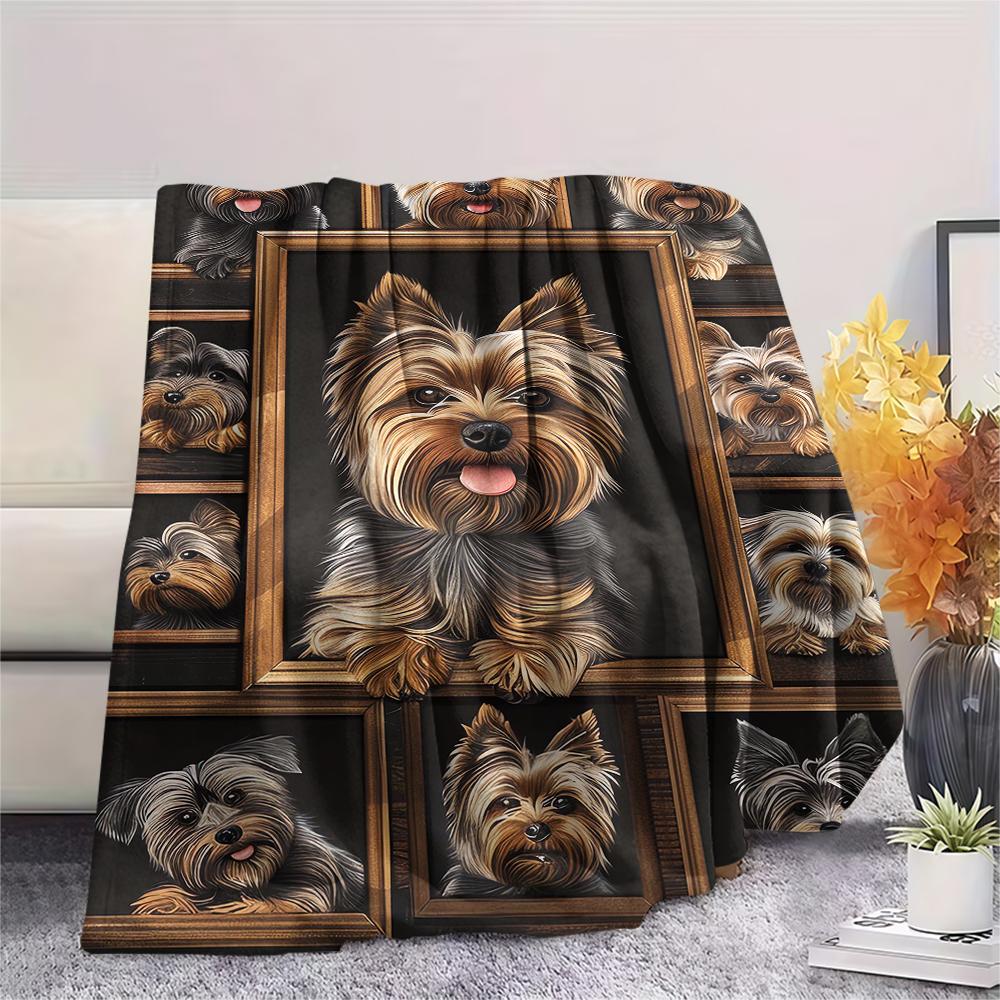 1 шт. Фланелевое одеяло с принтом йоркширских терьеров, Высококачественное, Удобное для всех сезонов, Декор для дома, Тепло и уют, Идеально для рождественских подарков