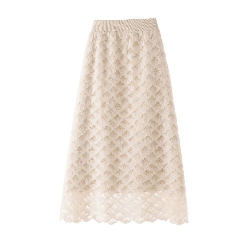 Knitted Midi Skirt for Winter Women Mid To Long Style with Crochet Lace A-line Wrapped Buttocks Skirt Thick Winter Skirt