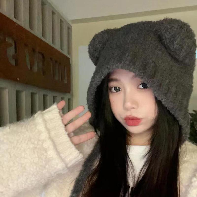 Милая вязаная шапка для защиты ушей для девочек, женская шапка-ушанка с медведем, шерстяная вязаная шапочка с капюшоном, однотонные шапочки с капюшоном, зимний теплый головной убор