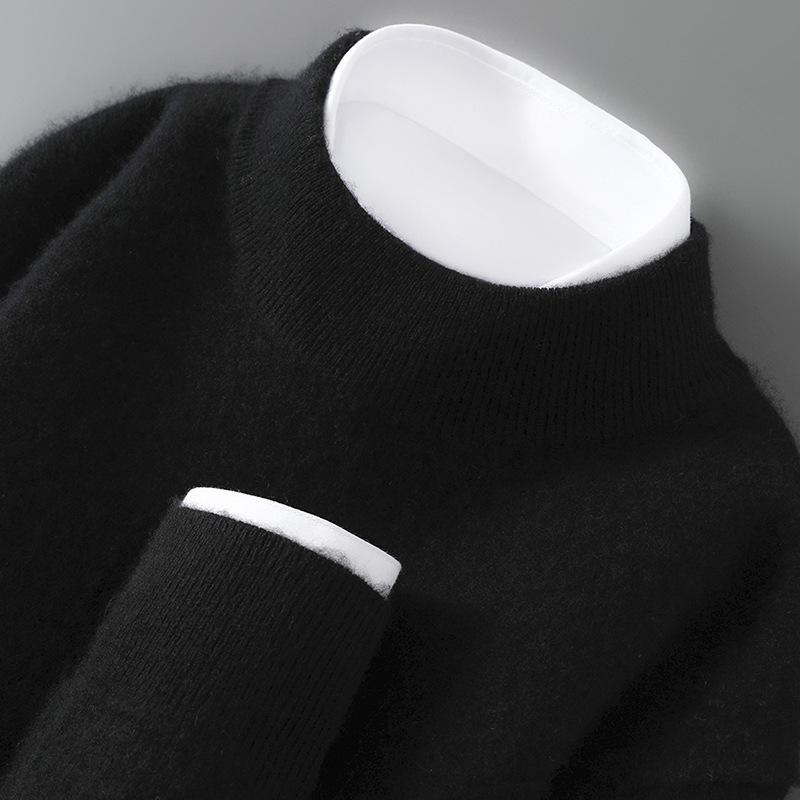 Мужской свитер из 100% чистой шерсти: Вязаный пуловер с полувысоким воротником, повседневный свободный свитер из кашемира, базовый слой одежды.