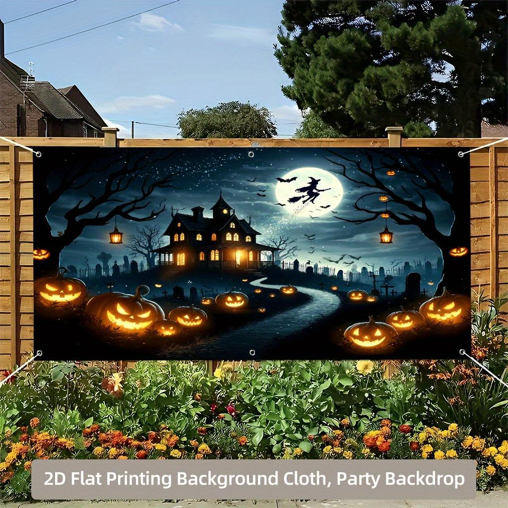 1 piece of 2D background banner Halloween night moonlit flying witch garage background fabric suitable for home use.PMJ