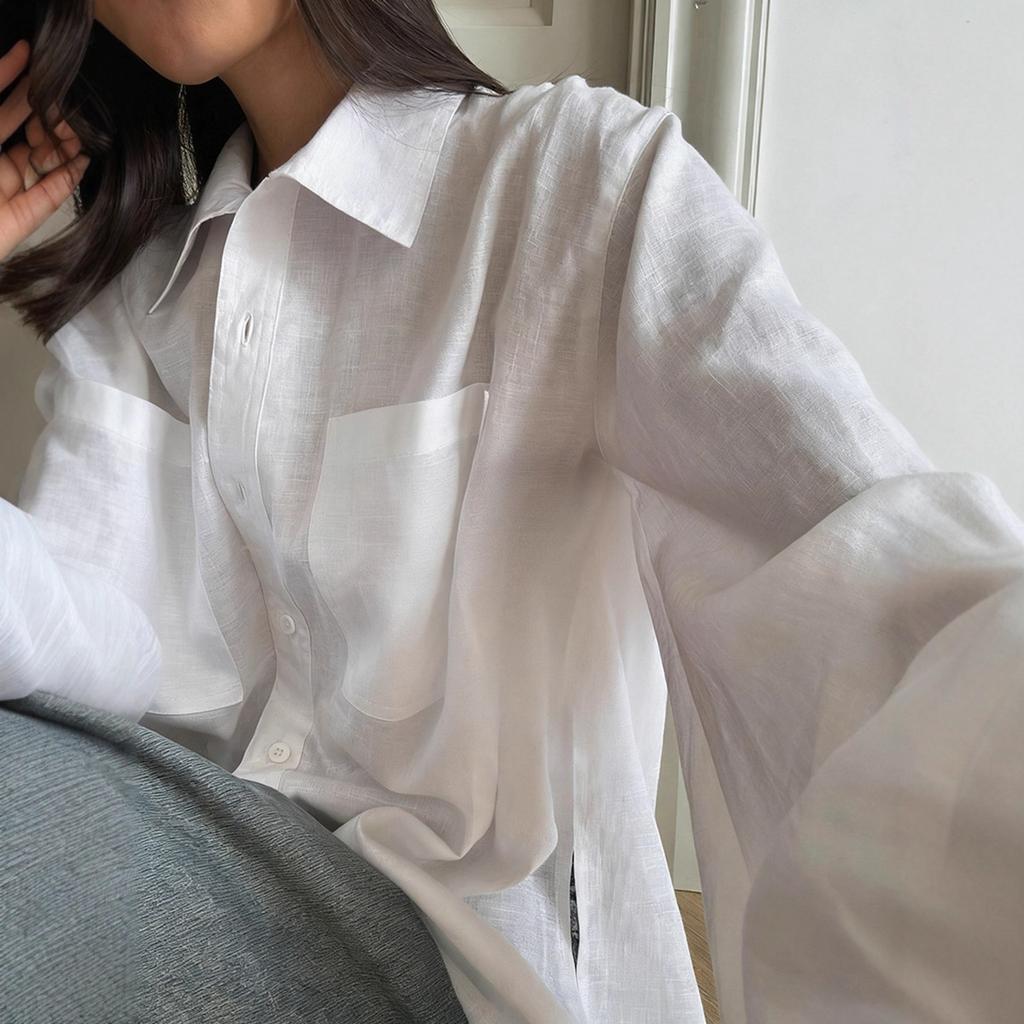Casual white linen shirt women's 1116 autumn new fashion loose lapel women's shirt cardigan medium and long