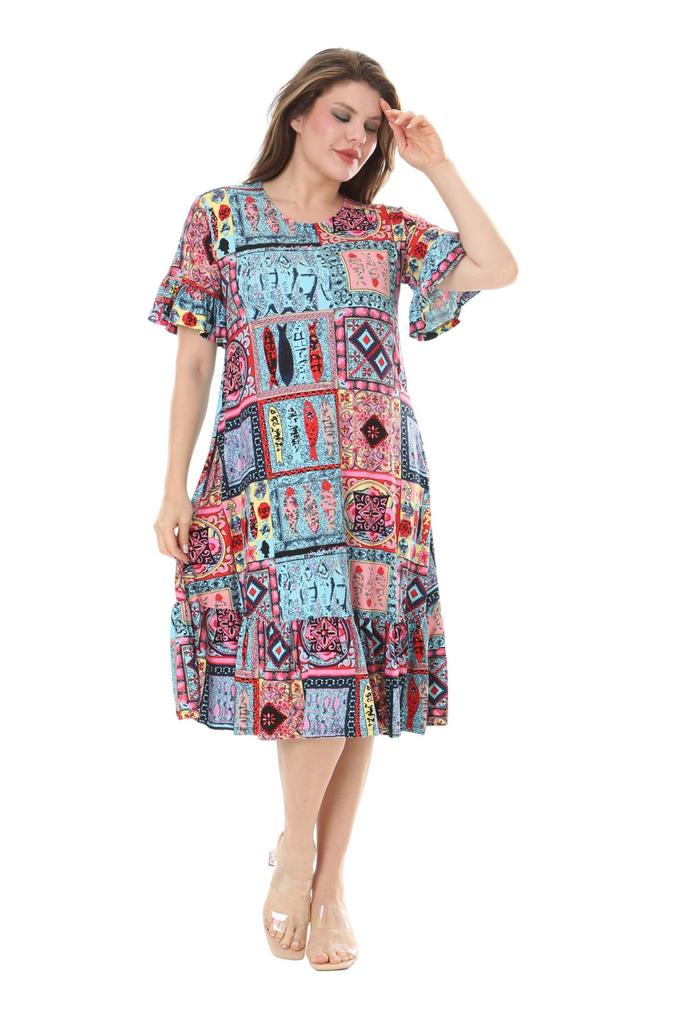 Женское платье большого размера с рюшами и карманами, с коротким рукавом, синее платье с узором в виде плитки