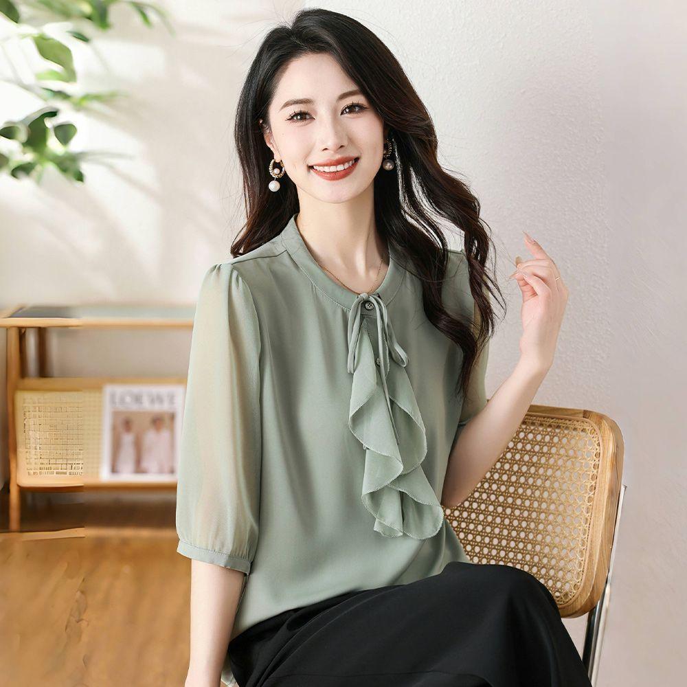 Chiffon Shirt for Women Five-quarter Sleeve Summer Lotus Leaf Collar Solid Color Fashionable Loose Thin Temperament Top