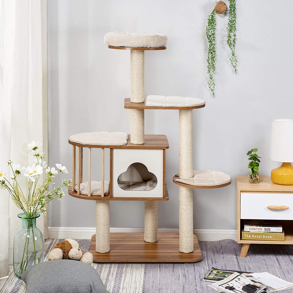GYMAX Cat Height Wooden Cat Cat Cat For Multiple Natural Hemp Nail Nail Observation Sense of Eliminates Lack of Cat Cat Play Stylish Tower, 142cm,