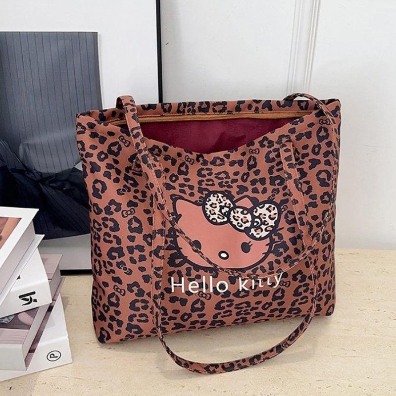 Fashion Cartoon Cat Leopard Print Canvas Bag New Style Kawaii Cat Storage Bag Cute Large Capacity Student Shoulder Tote Bag