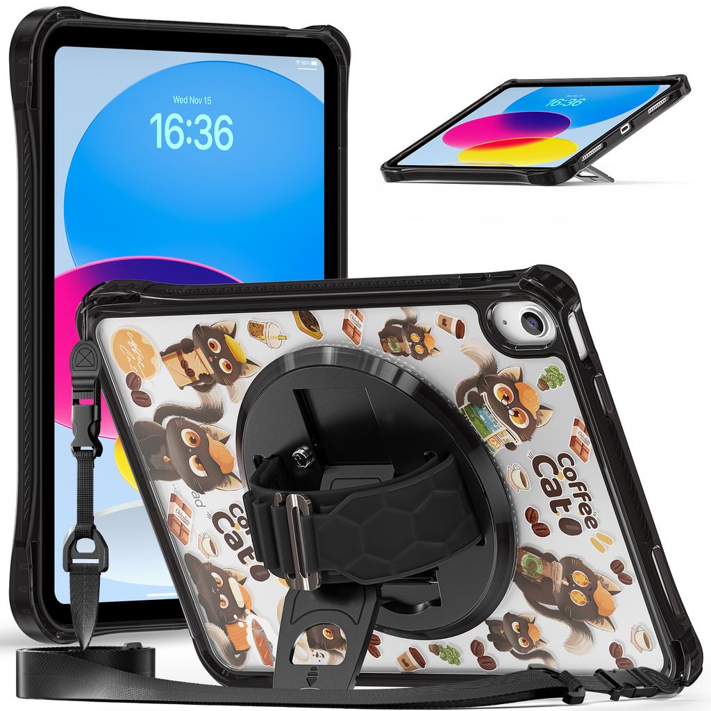 Для iPad (2025)/10.9 (2022) Чехол-подставка с ручным ремешком, с оттиском, из ПК, ТПУ, акриловая крышка с плечевым ремнем