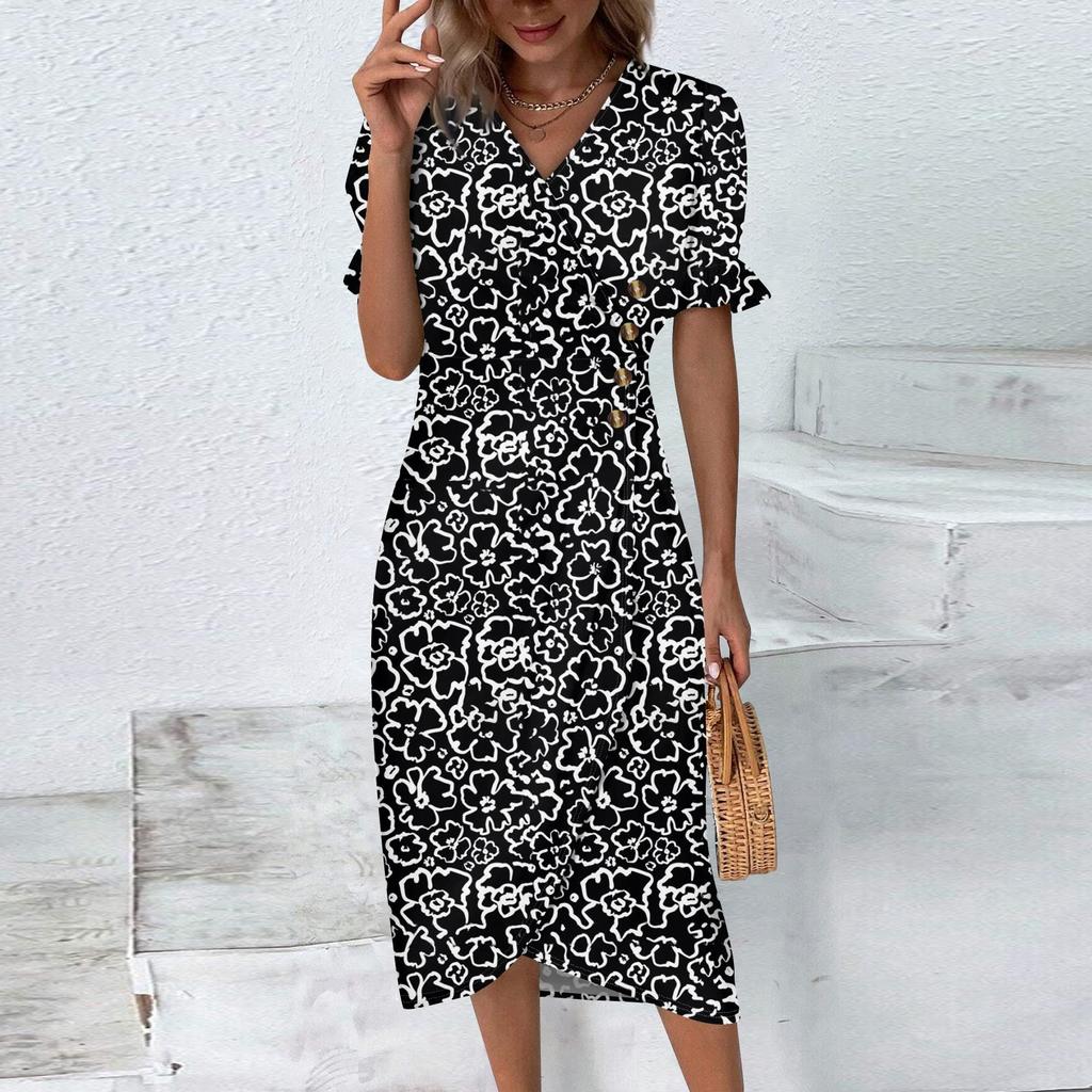 Женское летнее повседневное платье с v-образным вырезом и трапециевидным вырезом в стиле бохо, платье с цветочным принтом и воланами, с запахом и подолом