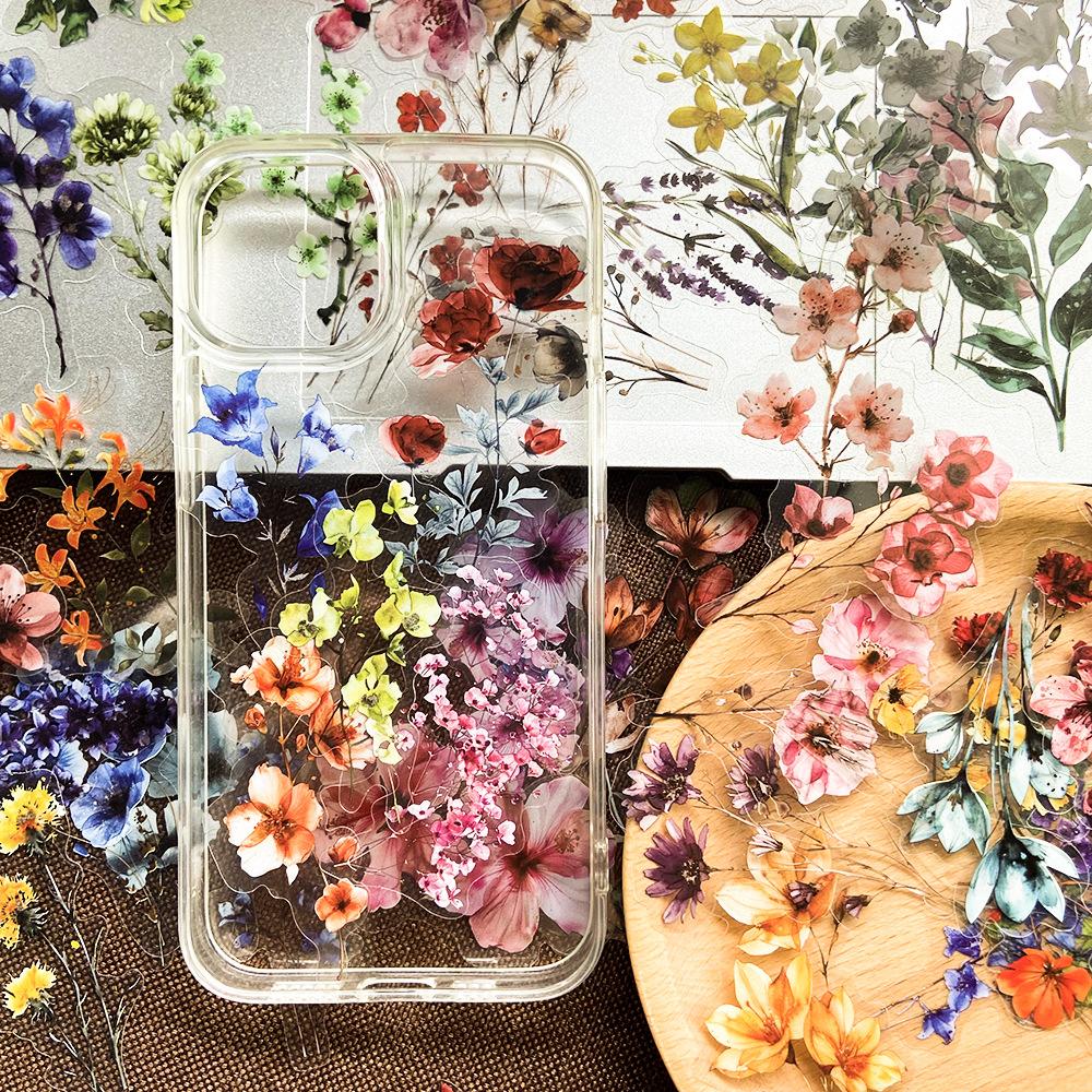 50 Pcs Ink Floral Stickers Transparent PET Waterproof Decals for Phone Case Journal Water Bottle Laptop Gift