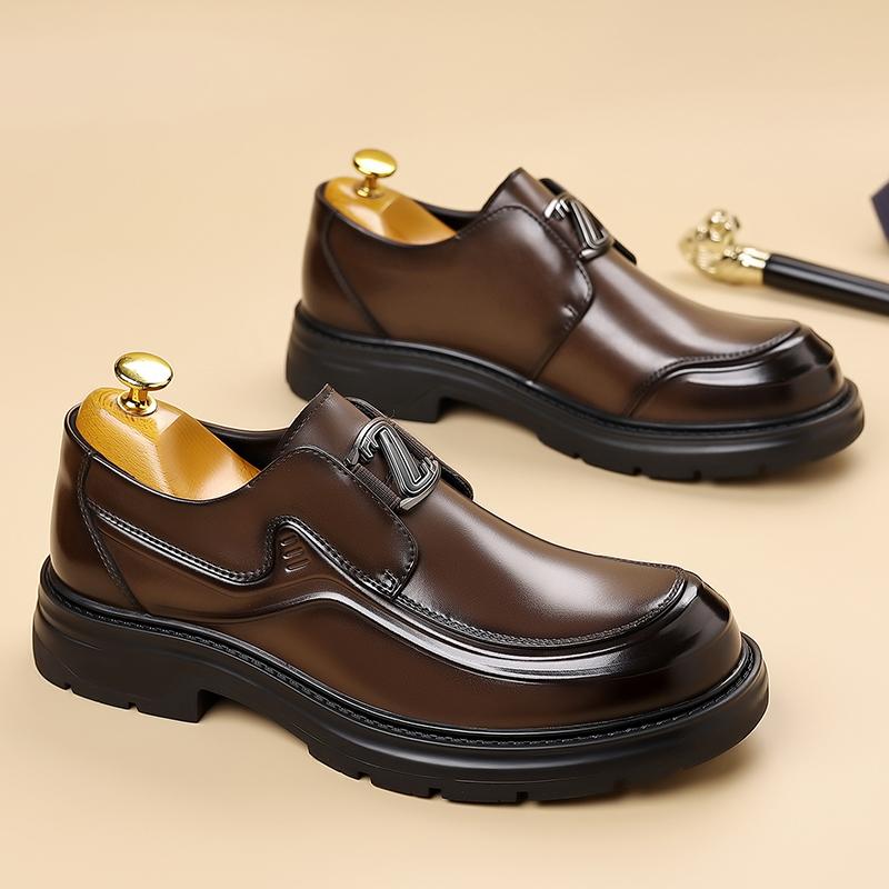 Fashion Round Toe Leather Loafers Men Classic Trend Man Casual Shoes Casual Leather Mle Oxford Shoes Thick Bottom Walking Shoes Slip-On