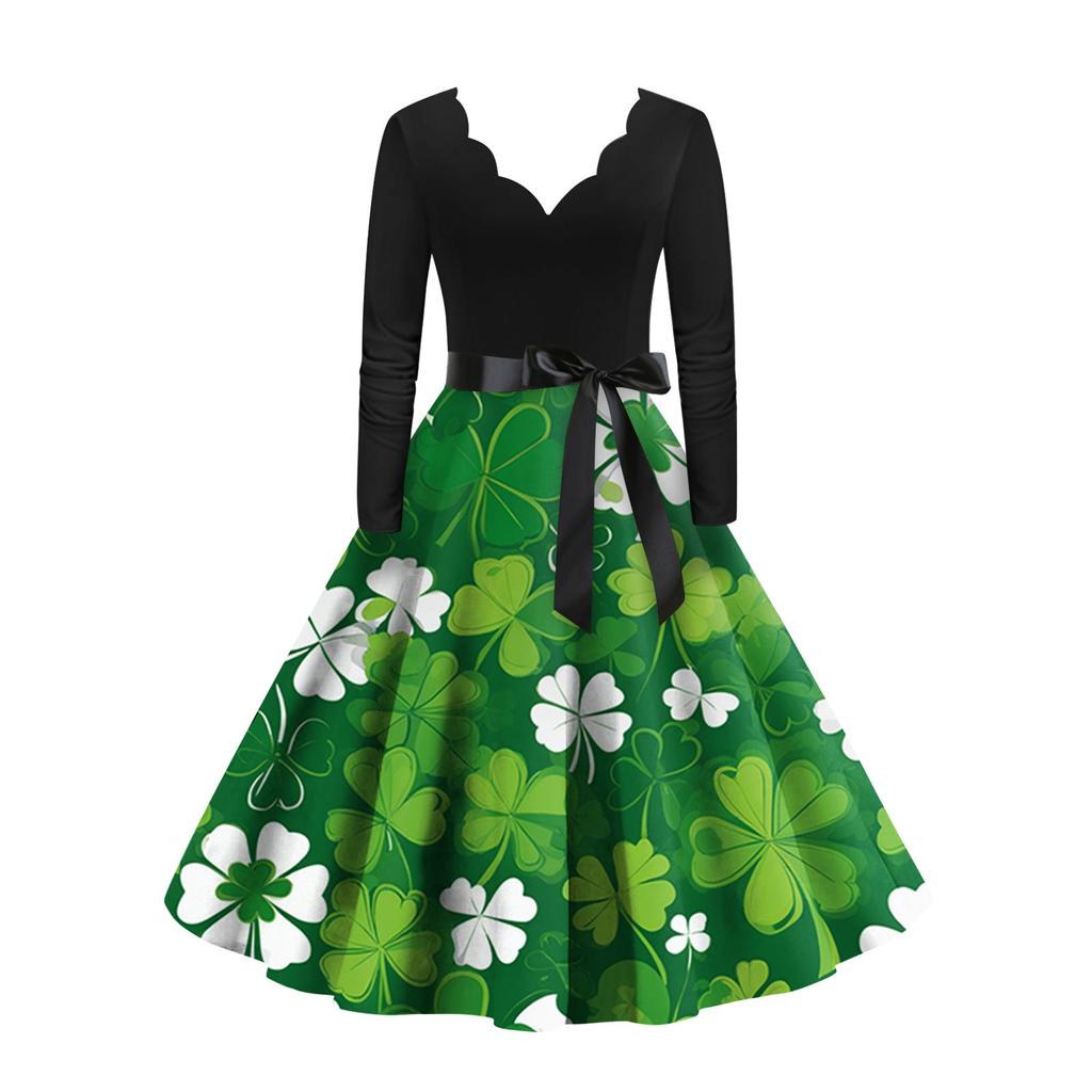 Women's Vintage Classic Dress Long Sleeve St. Patrick's Day Print V-neck Swing Dress
