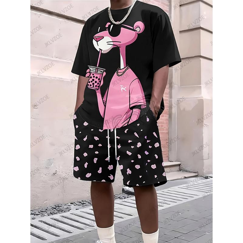 2025 Новый мужской спортивный костюм, комплект из 2 предметов, футболка с коротким рукавом Pink Panther, повседневный костюм, спортивная одежда, шорты, мужская одежда