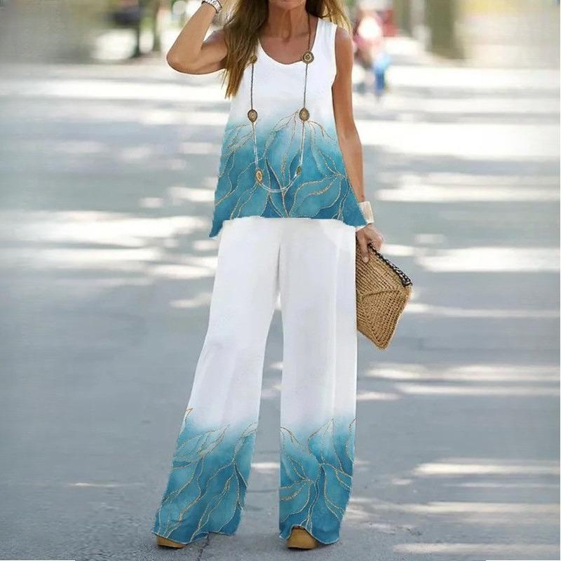 QICED Женский повседневный костюм из двух частей с принтом, жилет с эластичной талией, брюки, женский костюм