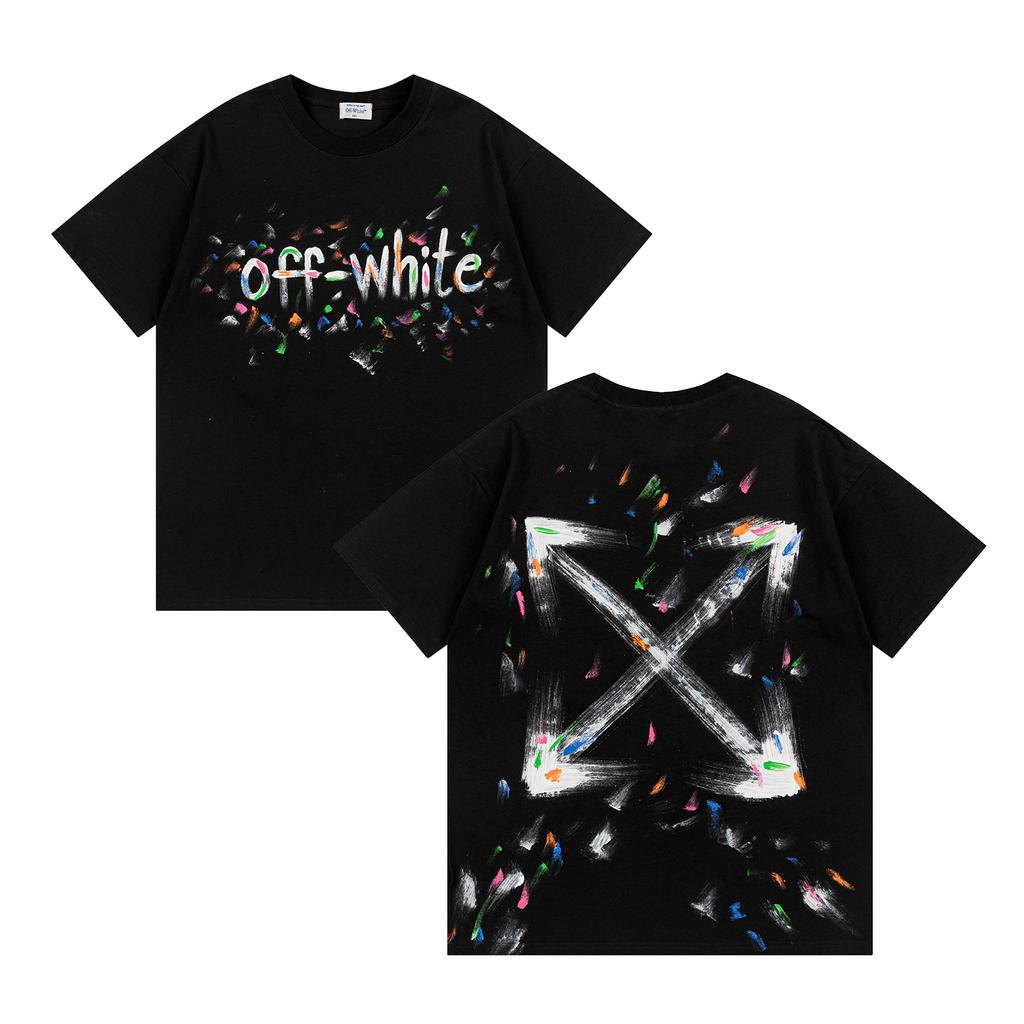 9068 Off-White 2025 Spring/Summer New Colorful Letter Arrow Pattern Round Neck Hooded Short Sleeved Men's and Women's T-shirts