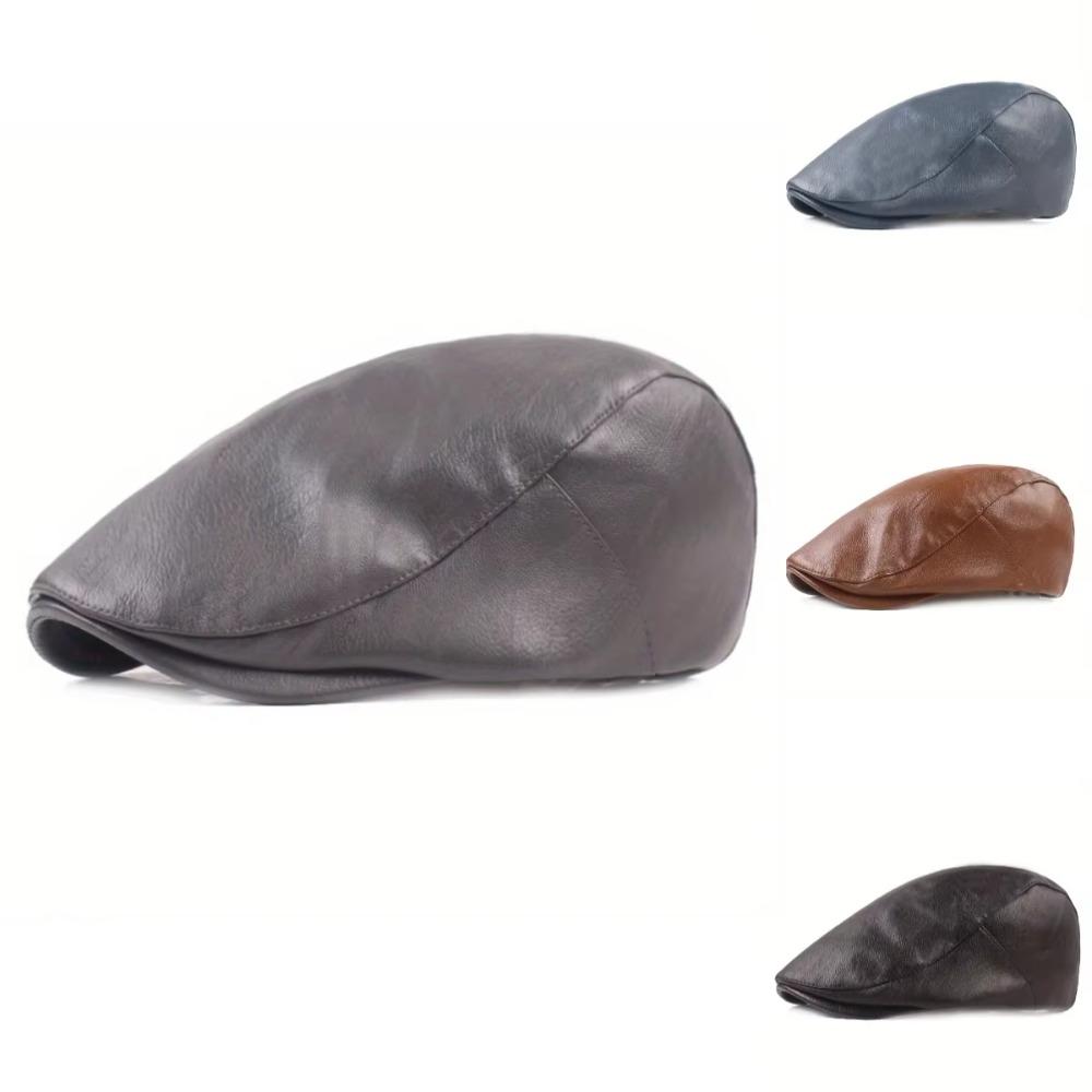 Adjustable Button Painter Cap PU Leather Newsboy Caps Vintage Autumn Winter Hat Women Men
