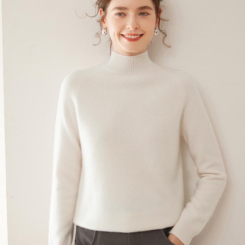 Women's 100% Pure Cashmere Soft Knit Sweater, Half-High Neck, Loose, Skin-Friendly, Slimming Base Layer