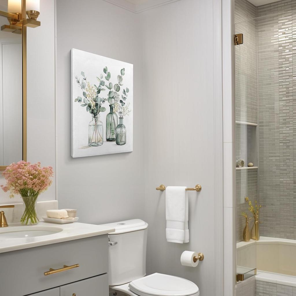 QICLM Sage Green Eucalyptus Framed Wall Art Poster, Farmhouse Bathroom Wall Decor, Sage Green Eucalyptus Plant Wall Prints for Home Bathroom Living