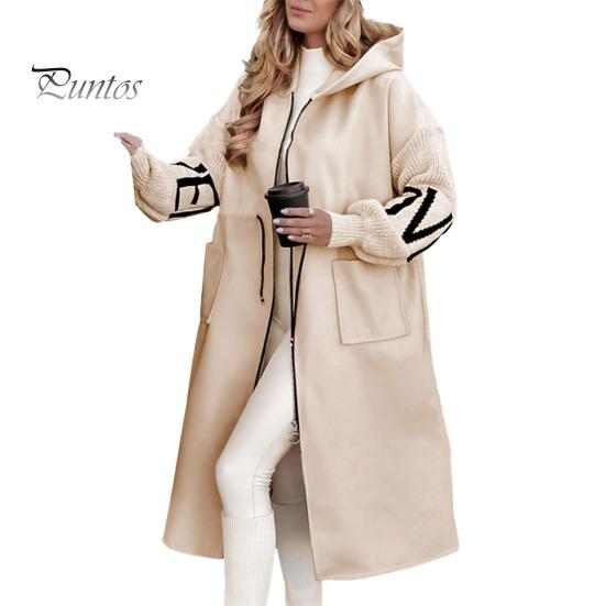 Женское зимнее пальто с капюшоном и боковыми карманами, лоскутное трикотажное пальто с рукавами, узором из букв, свободное, средней длины, с завязками на талии, однотонное пальто