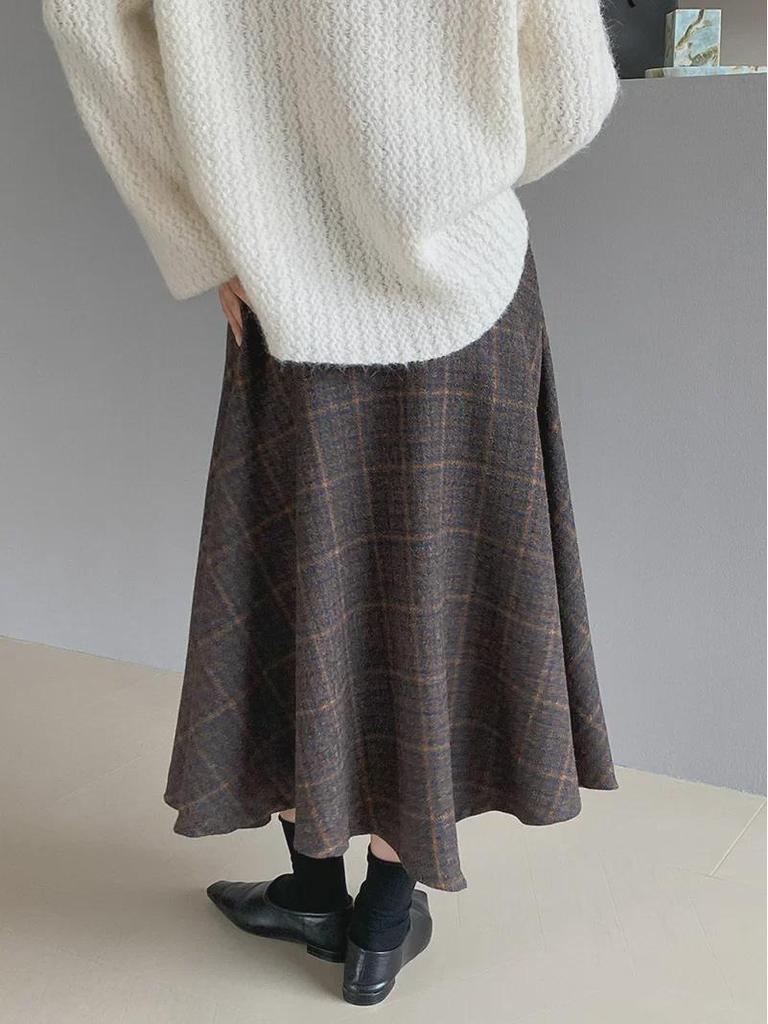 Jiangzuo 3D Cut Retro Wool Plaid Skirt 6167