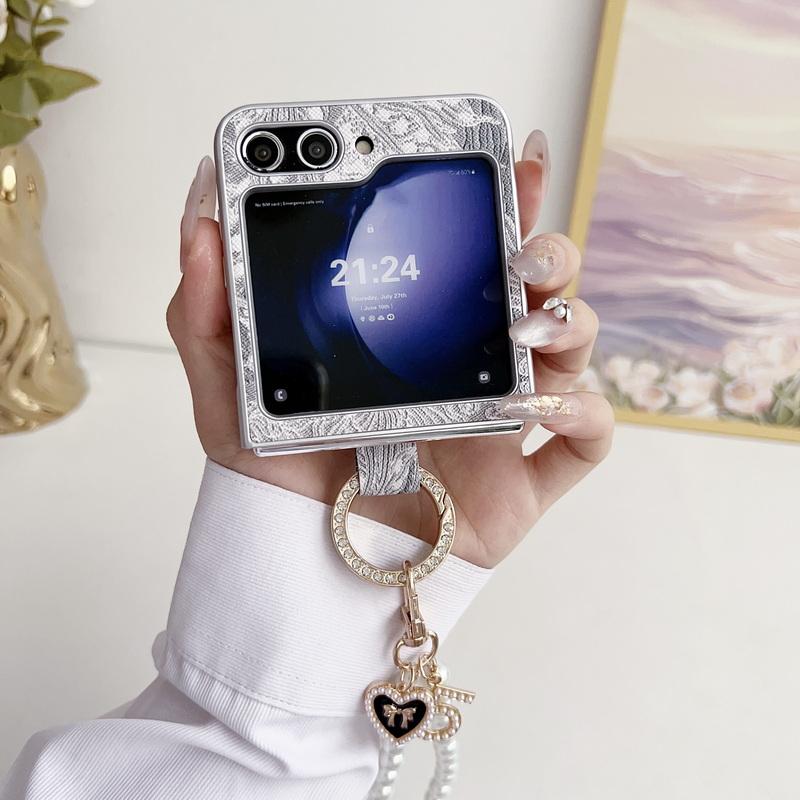 Роскошный складной чехол с жемчужным ремешком для Samsung Galaxy Z Flip5 Flip4 Flip3, противоударный чехол из ТПУ с кольцом и подставкой, откидной чехол для телефона