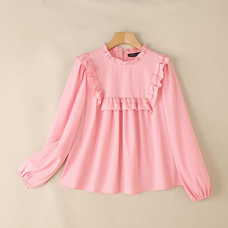 ZANZEA Женская повседневная однотонная свободная блузка с круглым вырезом и длинным рукавом