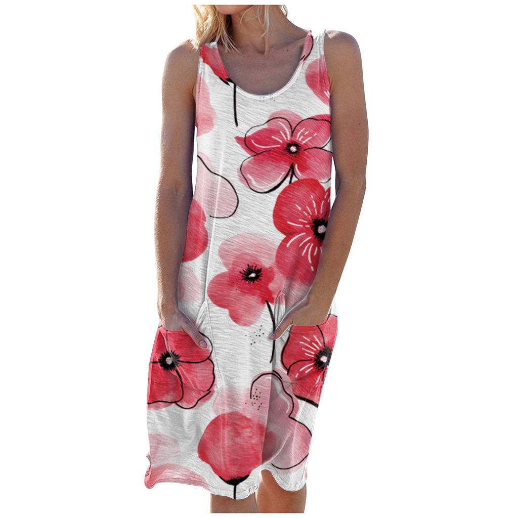 Women's Fashion Summer Printed  Sleeveless Dress Crewneck  Large Hemline Dress
