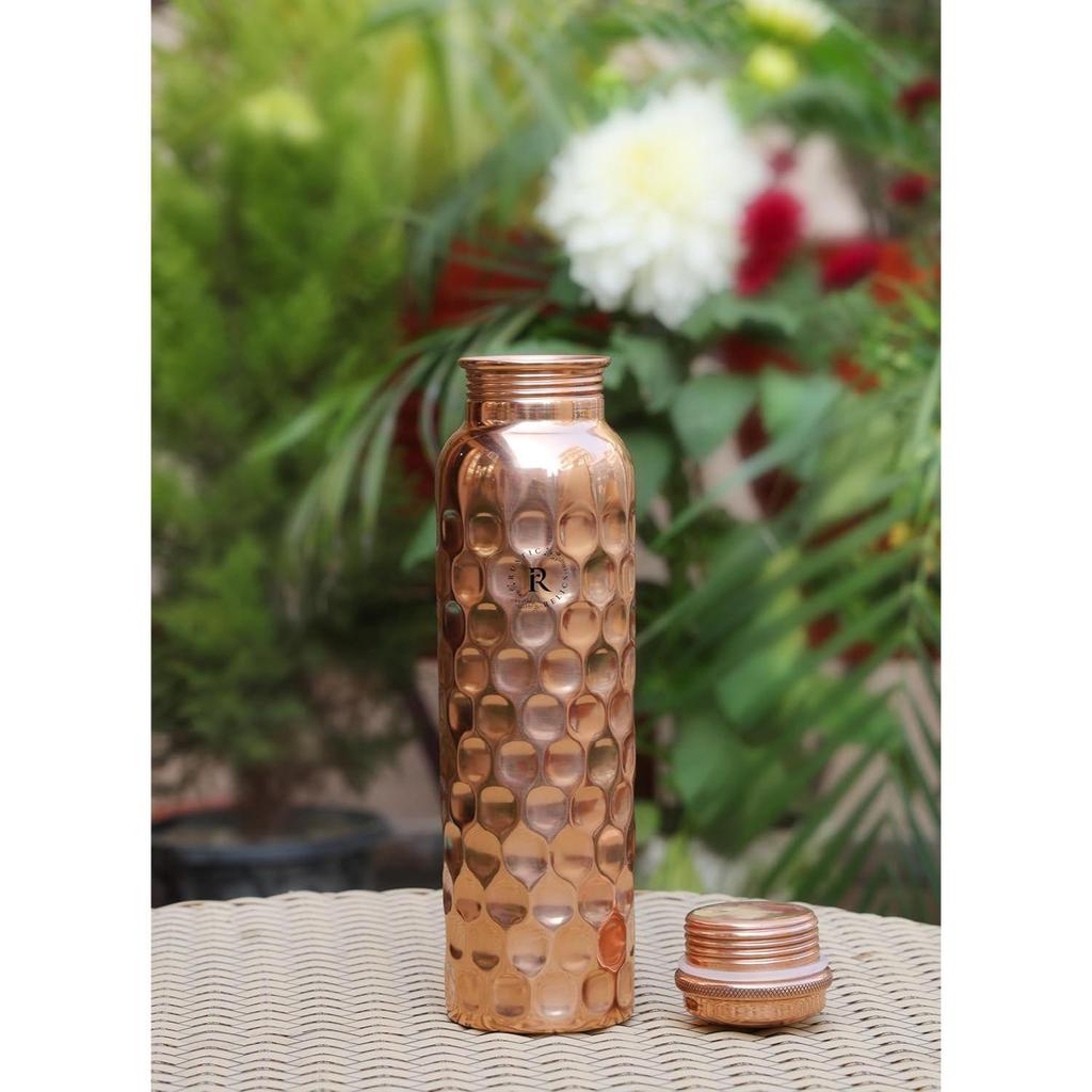 Pure Copper Water Bottle - 1L Hand Made | Diamond Design With Leak-Proof Lid | Ayurvedic Copper For Health Benefits
